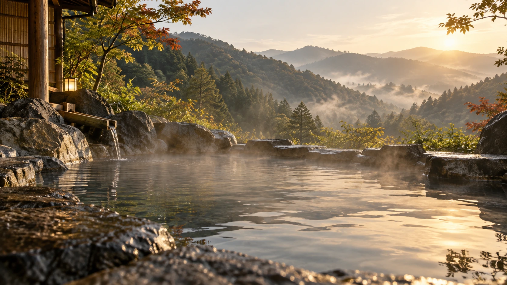 Steam rising from a Japanese outdoor hot spring overlooking misty mountains